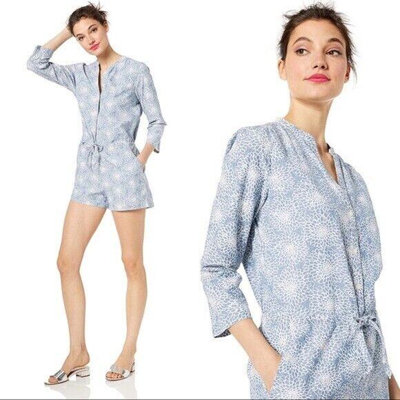 J. Crew Mercantile 3/4 Sleeve Printed Denim Shorts Romper - Picture 2 of 4